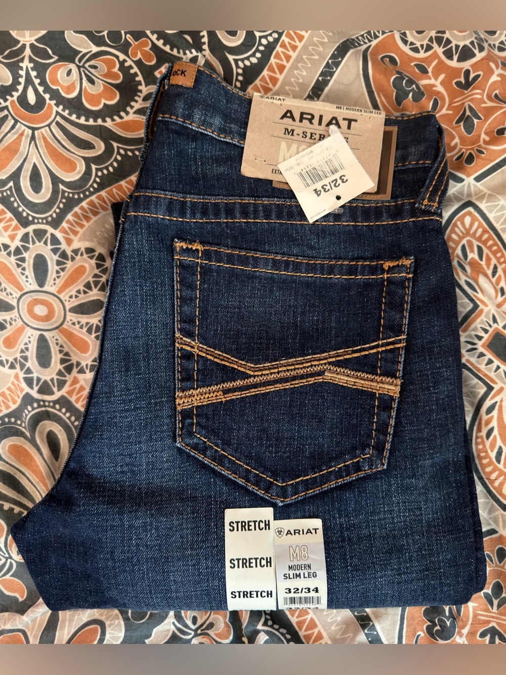 NWT mens Ariat M8 Modern Slim Leg Jeans in Dark Blue Denim SIZE 32x34